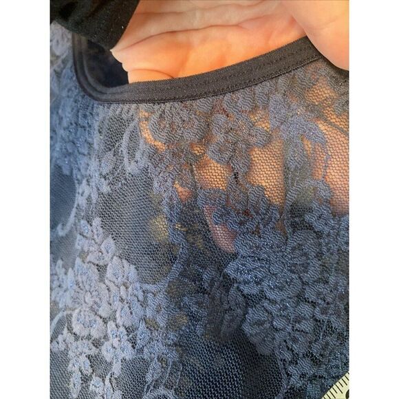 Womens Solid Navy Blue Floral Lace Long Sleeve Sheer Mini Dress Nylon Medium - Picture 3 of 3